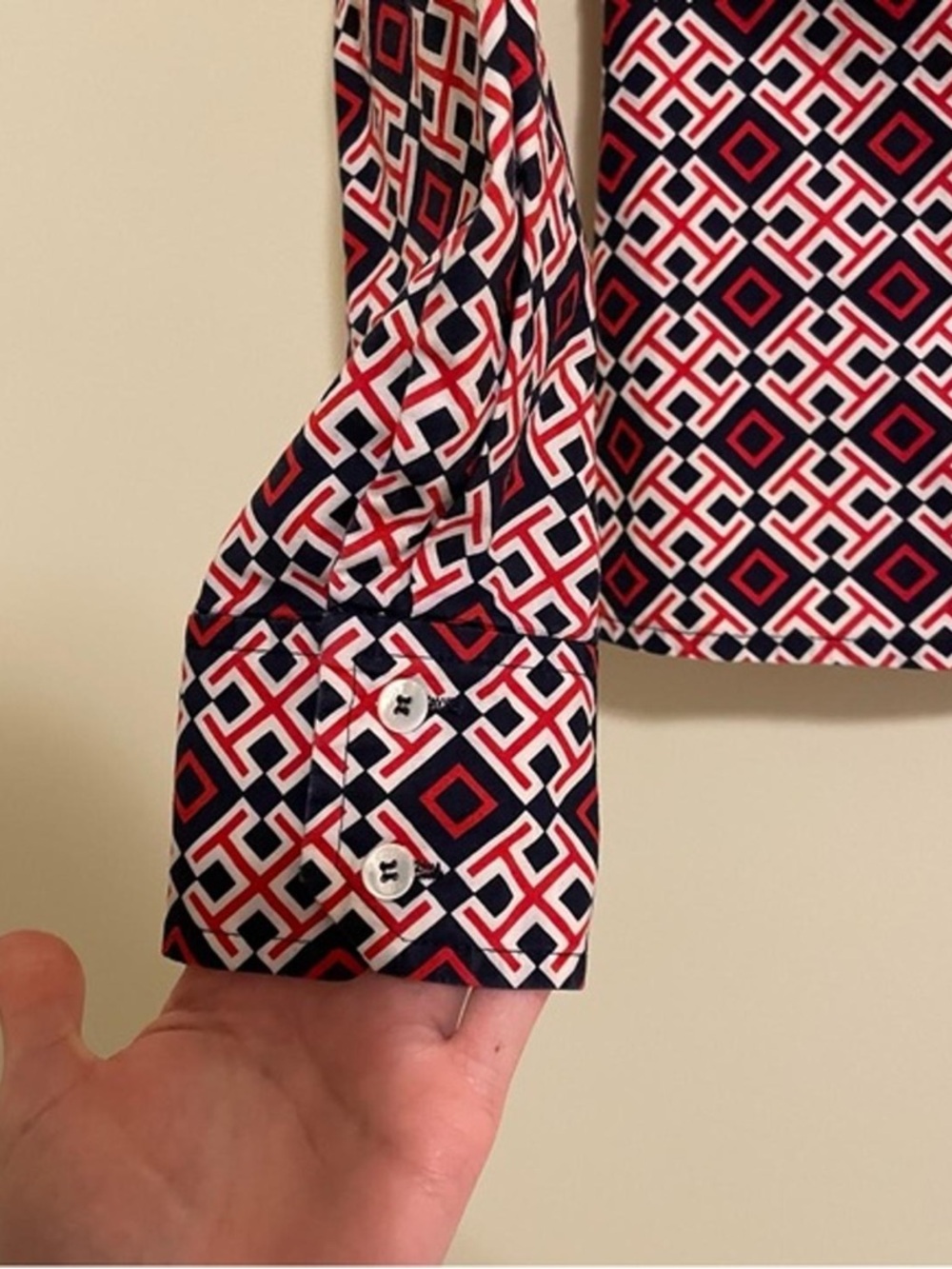 Tory Burch Navy & Pink Geometric Print Button-Up Shirt - Picture 4 of 5